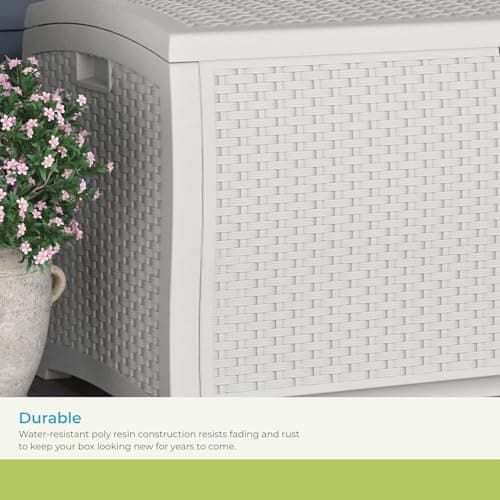 Suncast 99 Gallon Wicker Horizontal Outdoor Deck Box with Hinged Lid, Water-Resistant Storage Solution for Patio, Deck, Yard, and Garage, White, Made in the USA
