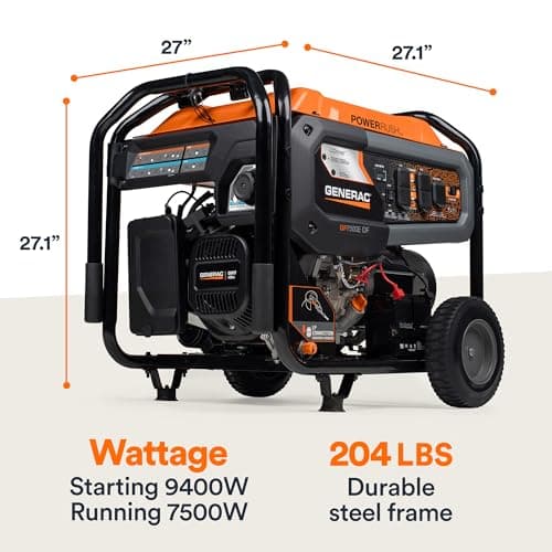 Generac 7,500-Watt Dual-Fuel Compatible Portable Generator - Gas and Propane - COsense Technology with Electric Start - PowerRush Advanced Technology - Reliable Power Solution - Home Use, Orange/Black