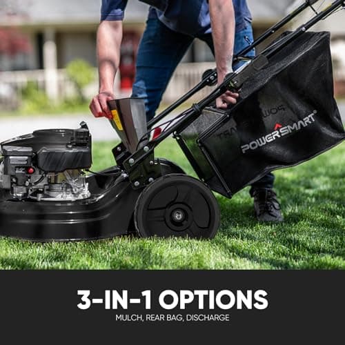 PowerSmart Self Propelled Gas Lawn Mower, 22 in. with 170cc OHV Engine, 3-in-1 Rear-Wheel-Drive High Wheels, Black