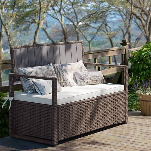 YITAHOME 70 Gallon All-Weather PE Rattan Storage Bench, Waterproof Deck Box Seat for Patio Furniture, Outdoor Cushions, Pool & Garden Tools, Brown