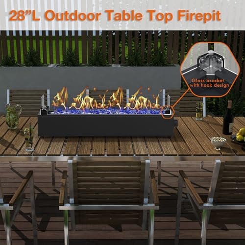 28-inch Table Top Propane Fire Pit, 40,000 BTU Tabletop Firepit for Patio, Outdoor Portable Fireplace Rectangular Fire Bowl w/Wind Glass Shield, Glass Rocks - Black