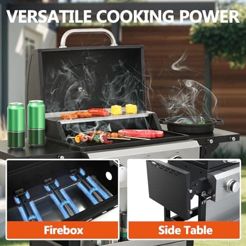 3 Burner Small Propane Gas Grill with Porcelain-Enameled Grates & Thermometer, Stainless Steel BBQ Grill 25650 BTU with Folding Side Tables for Outdoor Cooking Kitchen, Garden, Patio