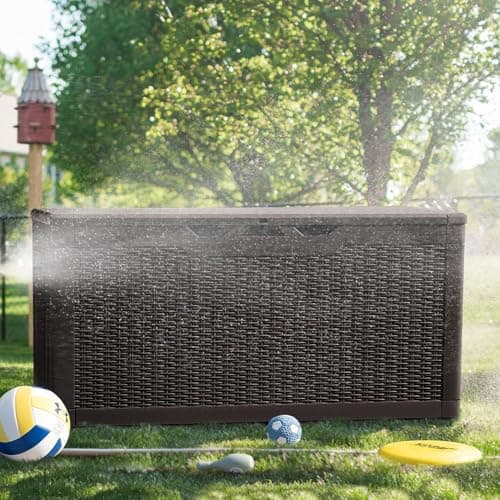 Greesum 100 Gallon Resin Deck Box Lockable Large Outdoor Storage Boxes for Garden Tools, Patio Furniture Cushions, Pool Supplies, Dark Brown