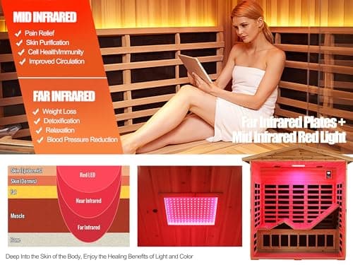 Outdoor Sauna 3 Person Infrared Sauna, Infrared Saunas for Home, 1950W Low EMF Far Infrared Sauna Old Fir Wooden Sauna with Beauty Red Light, Foldable Seat, Bluetooth, Chromotherapy Lamp, Reading Lamp