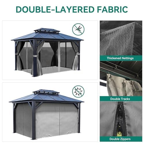 YITAHOME 10X12FT Hardtop Gazebo Outdoor Polycarbonate Patio Double Top Canopy Galvanized Iron Aluminum Column Garden Tent Curtains Netting for Backyards Decks Lawns,Gray