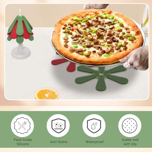 Silicone Trivets for Hot Dishes,Tree Shaped Trivets Set for Hot Pots and Pans, Tree Coasters/Tree Trivets,Hot Pads for Kitchen Decor and Accessories, 3 Pot Holders and 1 Stand (Christmas Round)