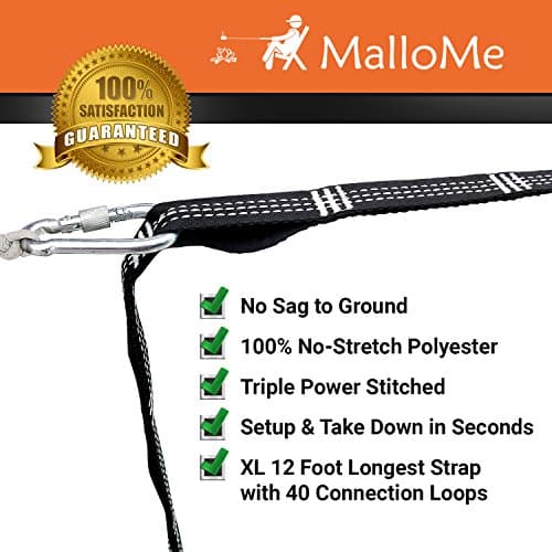 MalloMe XL Hammock Straps for Trees - Hammock Tree Straps Set 2000+ LBS Heavy Duty 40 Loops & 100% No Stretch Suspension System Kit - Camping Hammocks Accessories | 2 Carabiners | 12 Feet Black