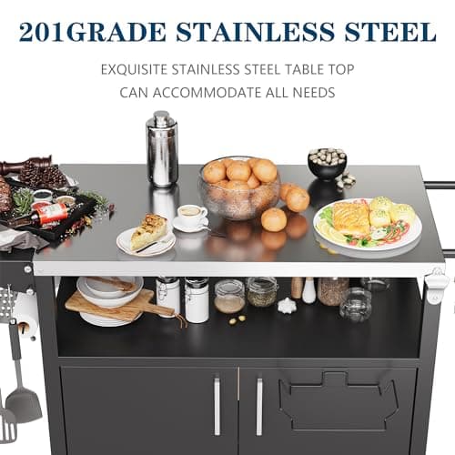 JY QAQA Outdoor Grill Cart with Storage,Patio Kitchen Island Outdoor Grill Table with Wheels,BBQ Cart Movable Pizza Oven Table Stand, Storage Cabinet, Foldable Tabletop, (Black)