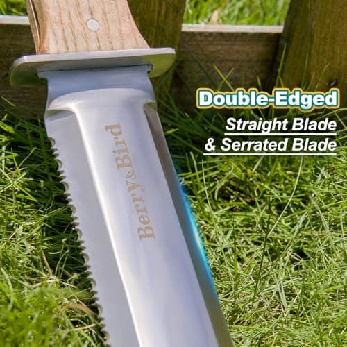 Hori Hori Garden Knife with Leather Sheath, Premium Gardening Soil Knife with 6" Stainless Steel Double Edge Sharp Blade, Japanese Gardening Tool for Weeding, Digging, Cutting & Planting