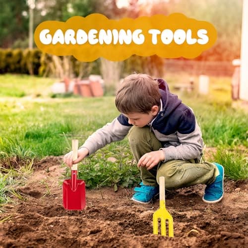 Beach Toys, 5 Pcs Kids Garden Tools, 8'' Children Beach Sand Toys Gardening Set with Sturdy Wooden Handle, Safe Kids Metal Beach Shovel with Spoon, Fork, Rake, Flat Shovel & Pointed Shovel