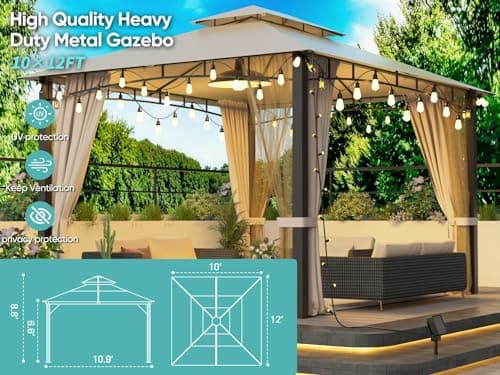 Outdoor Patio Gazebo 10x12, Heavy Duty Gazebos, Soft Top Gazebo with Metal Frame, Double Roof Canopy, Mosquito Nets & Privacy Enclosures, Permanent Pavilion for Decks & Backyards