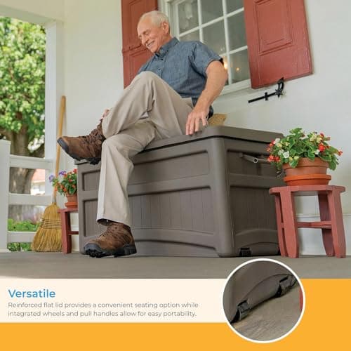 Suncast 73 Gallon Indoor/Outdoor Medium Deck Storage Box, 46"L x 23.62"W x 25.5"H, Stoney