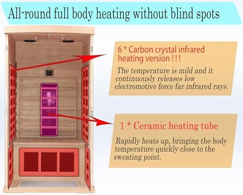 Ceramic 1 Person Infrared Sauna Far Infrared Saunas for Home Hemlock Wood Indoor Sauna Room 2 in 1 Sauna with Low EMF Heaters + Ceramic Heating Cube-Chromotherapy-Bluetooth Speaker