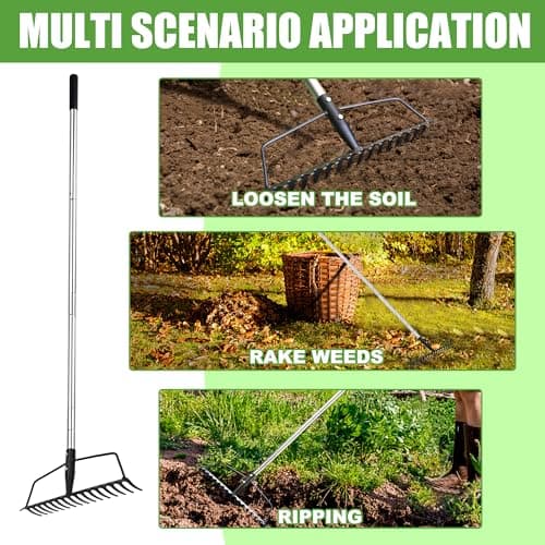 Garden Rake, Carbon Steel Sturdy and Heavy Duty Carbon Rake, Bow Rake with Adjustable Stainless Steel Handle, Long Hand for Loosening Soil Leveling Mulch Gathering Leaf