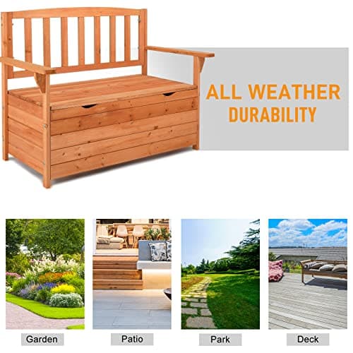 Outvita Outdoor Wood Storage Bench, Wooden Large Deck Box with Seating & Armrest, Waterproof Patio Organizer Loveseat for Garden Porch Deck Backyard Poolside, Natural