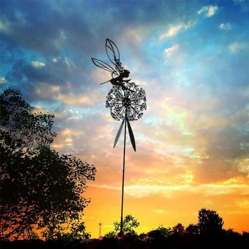 Flower Fairy Dancing with Dandelion Garden Art Sculpture Stainless Steel Statue Christmas Halloween Decoration for Outdoor Yard Courtyard Lawn Patio Metal Ornaments (Hurdle)