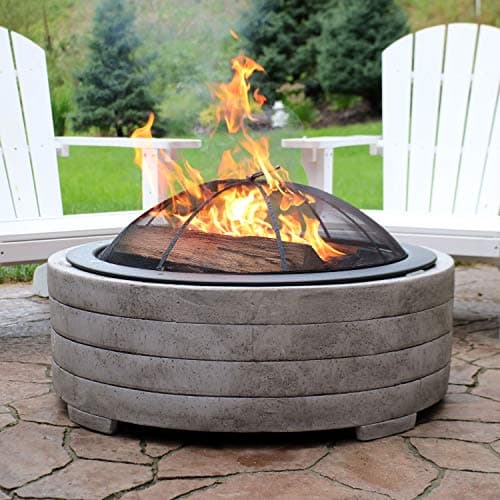 Sunnydaze 36-Inch Faux Stone Fire Pit Bowl with Handles - Wood Burning Fireplace with Spark Screen and Poker