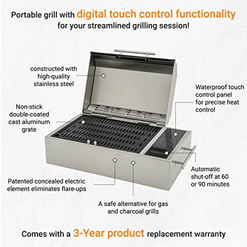 KENYON Frontier Portable Electric Grill, Waterproof Digital Touch Control, UL-Approved For Indoor And Outdoor Use, Stainless Steel, Rust-Proof Grill, Quick Heat Up, Dishwasher Safe, 120V