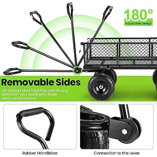 Homdox Steel Garden Cart 680 lbs Capacity Heavy Duty Garden Wagons,with Removable Steel Mesh Sides to Convert into Flatbed,Utility Metal Wagon w/ 180°Rotating Handle (Black, 680lbs)