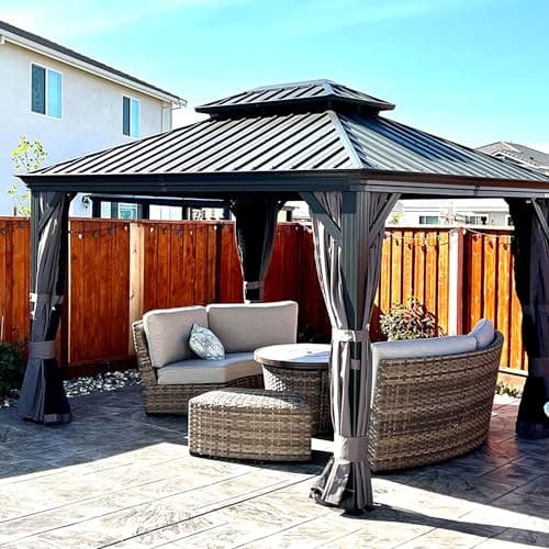 Domi 10' X 12' Hardtop Gazebo Outdoor Metal Gazebo with Galvanized Steel Double Roof Canopy, Aluminum Frame, Curtains and Netting for Patio, Deck, Garden, Grey