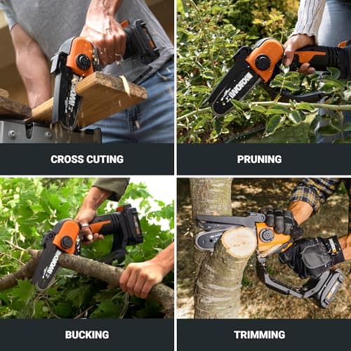 Worx 20V 5" Mini Cordless Chainsaw, 3.9 lbs, 22 ft/s Chain Speed, Power Share Battery, Upper & Hand Guard WG324 - Battery & Charger Included