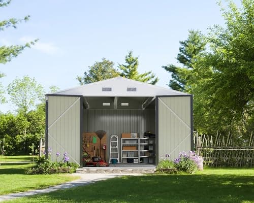 Greesum Outdoor Storage Shed 10 x 10 ft. Utility Tool Shed Metal Storage Garden Shed with Door & Lock for Patio Storage, Gray