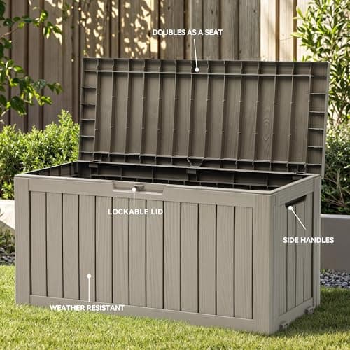 YITAHOME 72 Gallon Outdoor Storage Box, Resin Deck Box Indoor & Outdoor Patio Storage Box w/Wheels for Throw Pillows, Athletic Gear, Yard Implements (Light Brown)