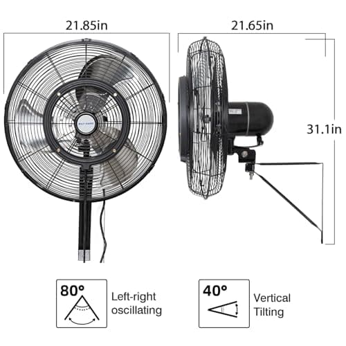 BILT HARD 20" Oscillating High-Velocity Outdoor Wall Misting Fan, 3-Speed Patio Fans for Outside, 80° Oscillation, Waterproof, Industrial Wall Mount Fan for Outdoor- UL Listed