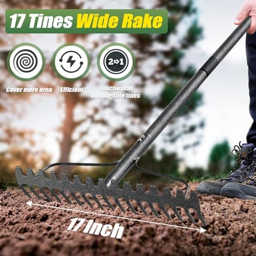 Garden Rake, 5FT Bow Rake Heavy Duty Leveling Rake with Adjustable Handle, 17 Tines Wide Head Metal Thatch Rake for Gardening Leaves Lawn Yard Mulch Rake