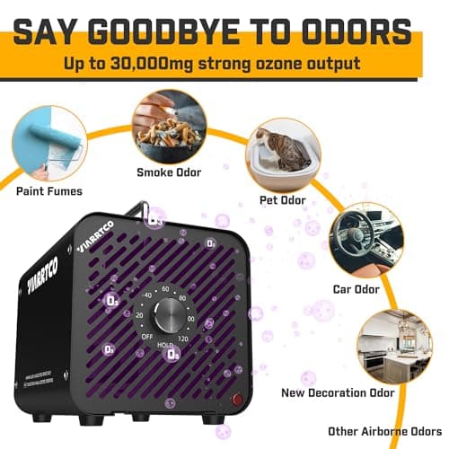 Ozone Machine Generator 30000mg/h - 6000+ Sq. Ft. Ozone Machine Odor Removal for Home and Car with 120min timer All Metallic Black