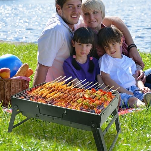 Portable Charcoal Grill for Camping Small Tabletop BBQ Grill for Picnic Trip Foldable Lightweight Barbeque Grill Set Including Tongs Skewers Basting Brush