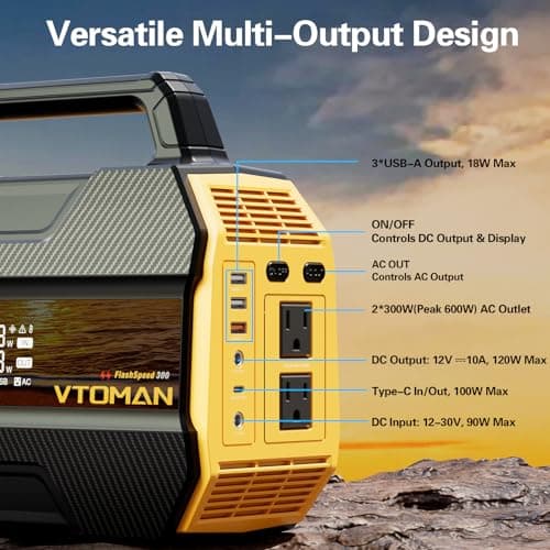 VTOMAN FlashSpeed 300 Portable Power Station 70000mAh, Only 7.4lbs with 7 Outlets, LiFePO4 Generator with Up to 600W AC Outlet, 12V/24V DC Input Adapt RV/Van, PD 100W Type-C for Power Outage, Camping