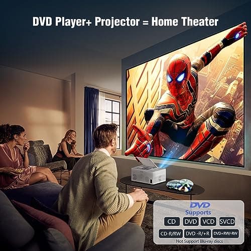 TMY Bluetooth Projector with DVD Player Built in, 1080P Mini Projector, Portable DVD Projector for Outdoor Movies, Compatible with Smartphone/PC/TV Stick/HDMI/USB/TF
