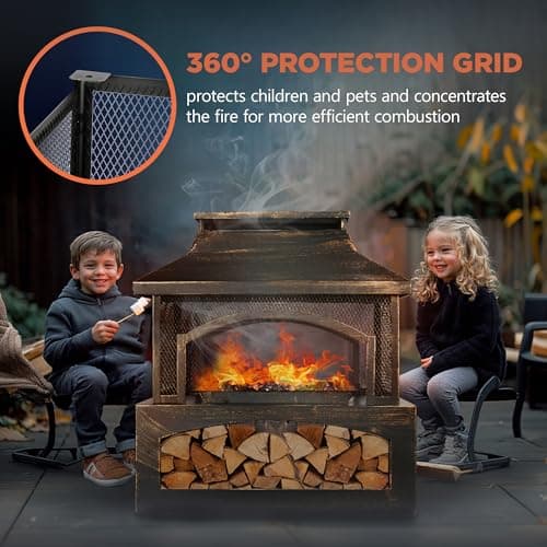 Red Mountain Valley 37" Fire Pits with Wood Storage for Outside, Large Wood Burning Outdoor Fireplace with Chimney, Mesh Spark Screen & Fire Poker, Idea for Backyard, Patio, Party, Camping, Picnic