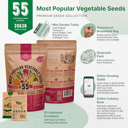 55 Vegetable Seeds Variety Pack - 35,600+ Non-GMO Heirloom Seeds for Planting Vegetables and Fruits in Individual Seed Packets, Home Survival Garden Seeds for Hydroponic, Indoor and Outdoors Gardening