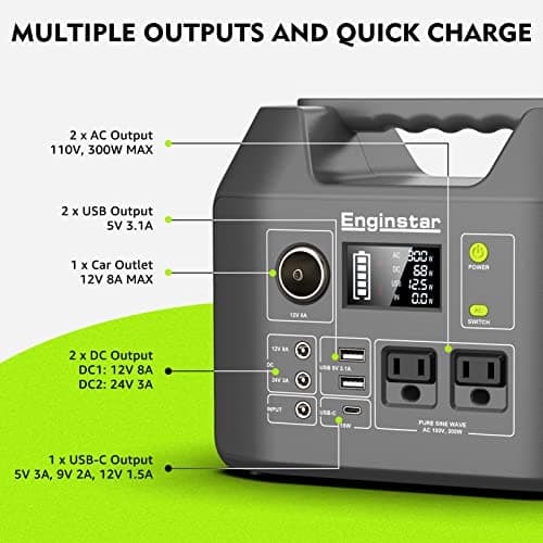 EnginStar Solar Generator, 300W Portable Power Station, 296Wh Lithium Battery Backup w/Two 110V Pure Sine Wave AC Outlet for Camping Road Trip RV, 80000mAh Sufficient Power Supply for Blackout