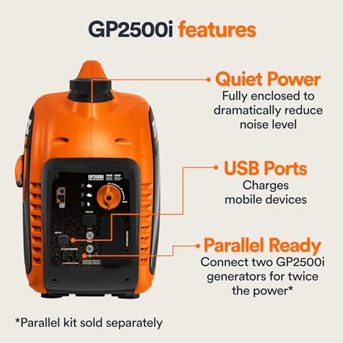 Generac 2,500-Watt Gas Powered Portable Inverter Generator - Compact and Lightweight Design - Produces Clean, Stable Power - COsense Technology - Perfect for Home use - Orange/Black