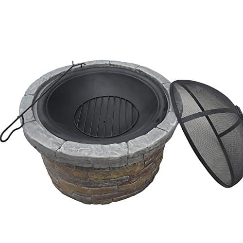 Teamson Home 26.5 in. Round Decorative Faux Slate Stone Outdoor Wood Burning Fire Pit with Spark Screen, Poker and Grill Grate for Self-Contained Fires for Entertaining at Home, Multicolored Stone