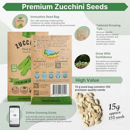 Organo Republic Dark Green Zucchini Seeds Pack 15 G - Over 150 Non-GMO Heirloom Zucchini Seeds for Planting Vegetable in Individual Seed Packet, Vegetable Seeds for Planting Indoor & Outdoor Gardening