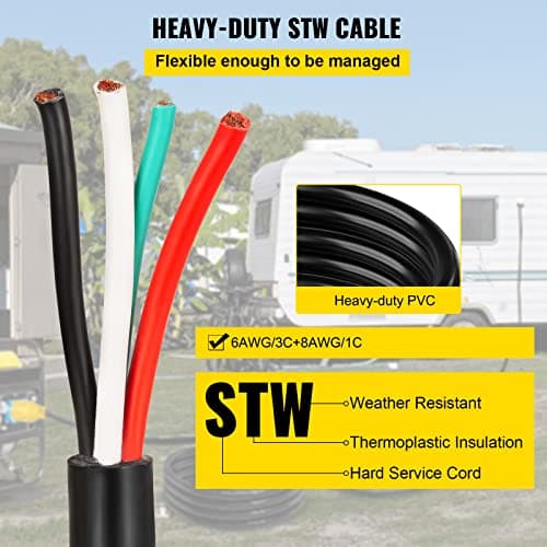 VEVOR 15 FT 50 Amp Generator Extension Cord 4 Wire 6 Gauge STW 6/3+8/1, 125V 250V Generator Power Cord N14-50P & SS2-50R with Portable Handle