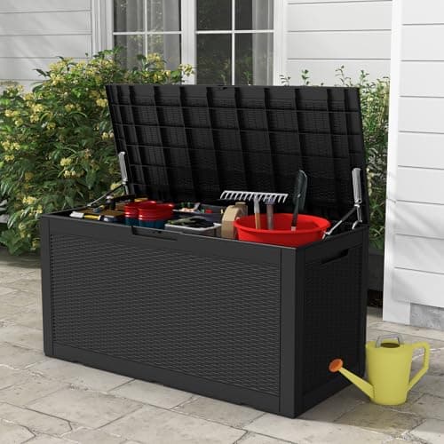 100 Gallon Waterproof Deck Box, Resin Outside Storage Box, Large Outdoor Storage Bin for Patio Furniture Cushions, Pool Supplies, Garden Tools, Weatherproof, Black