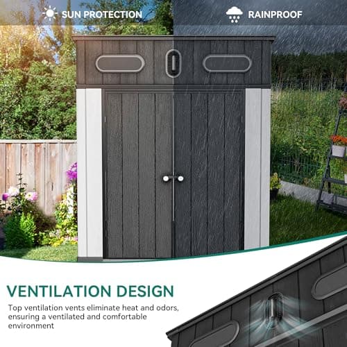 YITAHOME 6x6 FT Outdoor Storage Shed, All-Weather Resin Garden Shed with Windows, Vents and Lockable Double Doors for Garden Tools, Bikes, and Sundries, Waterproof, Gray