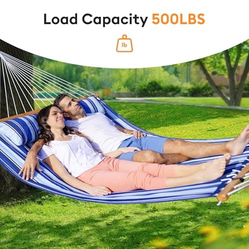 Double Hammock with Spreader Bar,Soft Pillow,Max Load 500lbs,Portable Hammock for Outdoor,Camping,and Backyard,Blue