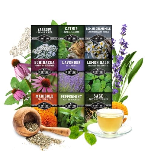 Medicinal Tea Seeds Collection - 9 Non-GMO Heirloom Herbs to Grow in The Garden - Chamomile, Lavender, Echinacea, Catnip, Lemon Balm, Marigold, Sage, Peppermint, White Yarrow - Survival Garden Seeds