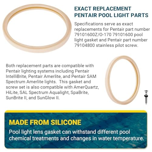 (1 Set) 8 3/8" Pool Light Lens Gasket and Stainless Pilot Screw - Exact Replacements for Pentair 79101600Z and 79104800 - Compatible with Pentair IntelliBrite, AmerLite, and SAM Amerlite Lights