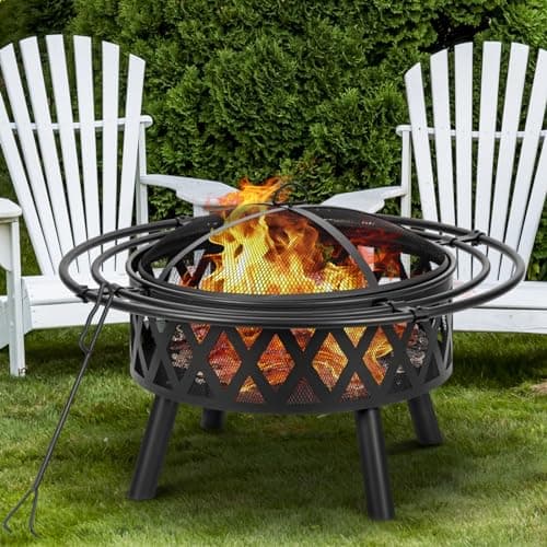36 Inch Wood Burning Fire Pit with 2 Loops, Outdoor Fire Pit with Spark Screen & Fire Poker, Cross Weave Firepit for Outside Fireplace Bonfire for Yard,Patio, Garden…