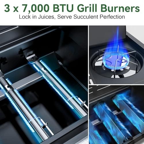 3-Burner Propane Grills with Side Burner, BBQ Gas Grill with Cast Iron Grates and Griddle, Garden Barbecue Grill for Backyard, Camping, Patio, 27,500 BTU