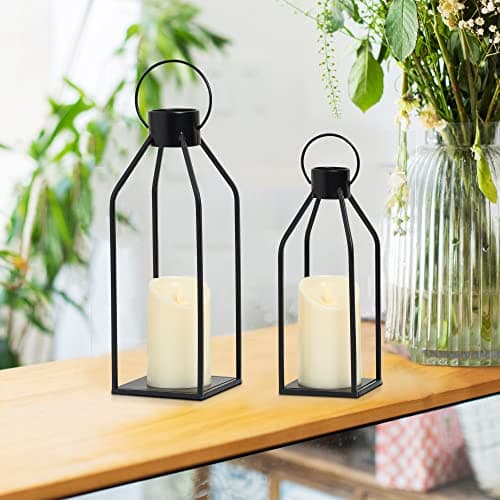 HPC Decor Modern Farmhouse Lanterrn Decor- Black Metal Candle for Christmas- Lanterns w/Timer Flickering Candles for Living Room,Home,Indoor, Outdoor,Table,Fireplace Mantle Décor