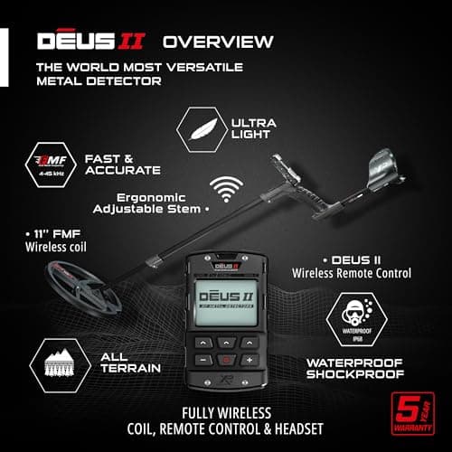 XP Deus II RC Metal Detector - 22 FMF Coil (9") - for Treasure and relic Detection - for All Terrain, XP Deus II Remote Control, S-Telescopic stem (DEUS2-22FMFRCEA)