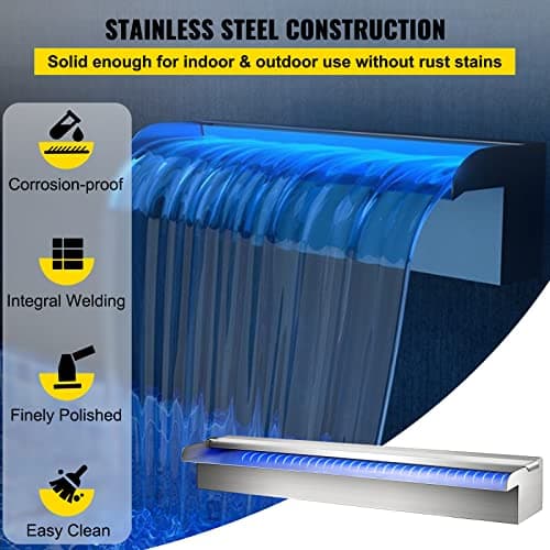 VEVOR Pool Fountain Stainless Steel, Pool Waterfall 23.6" x 4.5" x 3.1"(W x D x H) with LED Strip Light, Waterfall Spillway Rectangular Garden Outdoor